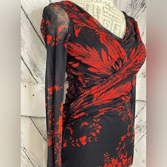 FUZZI DRESS Faux Wrap Sheer Sleeves Floral Black Red Small - Picture 2 of 7